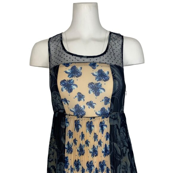 Sundance Maxi Dress 2 Blue Floral Colorblock Pleated Sleeveless Coastal Bohemian - Picture 6 of 12